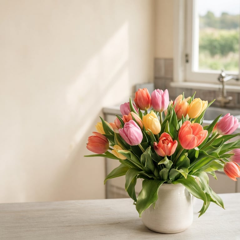 Verse Nederlandse tulpen in verschillende kleuren in een lichte keuken